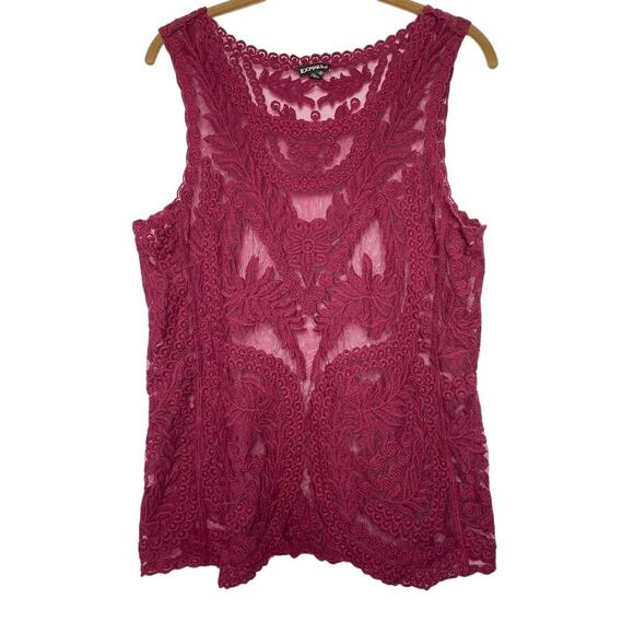 Express Sheer Lace Top Womens Medium Embroidered Whimsical Fairy Burgundy Blouse - Picture 2 of 12
